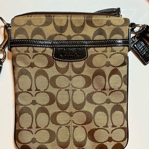 Coach brown and tan crossbody, 7” wide x 8” high